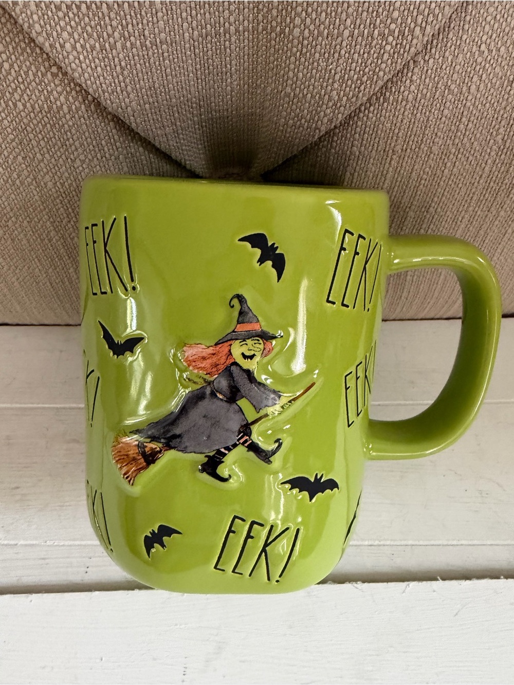 Rae Dunn Halloween Mug Witch flying on a broomstick